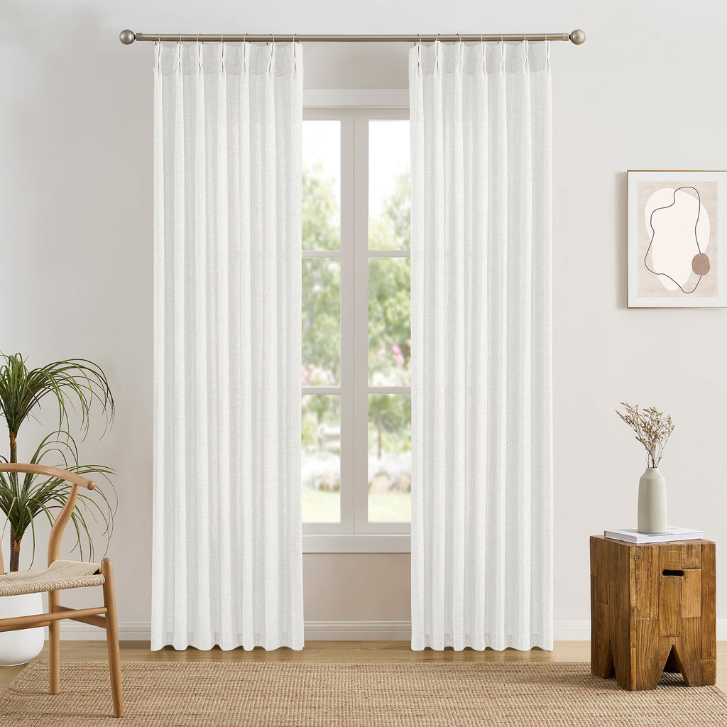 White Linen Pinch Pleated Semi Sheer Curtains 2 Panels 130 Inches Long, Back Tab with Hooks, Window Treatment