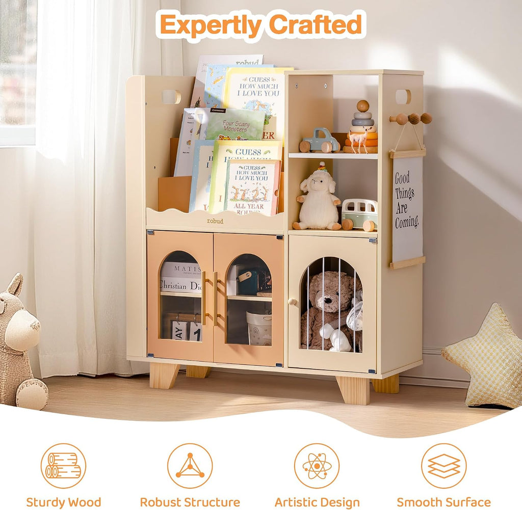 Toy Storage Organizer, All-in-One Toy Organizers and Storage, Kids Wooden Bookshelf with 6 Storage compartments, Toy