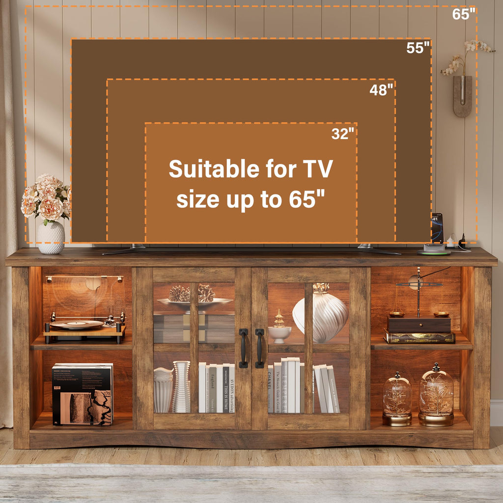 Farmhouse TV Stand with Glass Doors for 65 Inch TV(Rustic Brown)