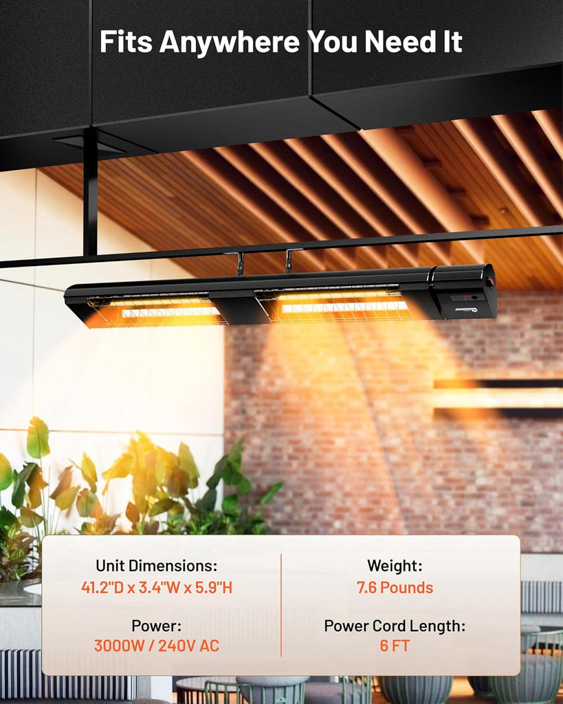 DR-239 3000W Indoor & Outdoor Infrared Patio Heater, Wall or Ceiling Mount, IP55 Weatherproof, Commercial or