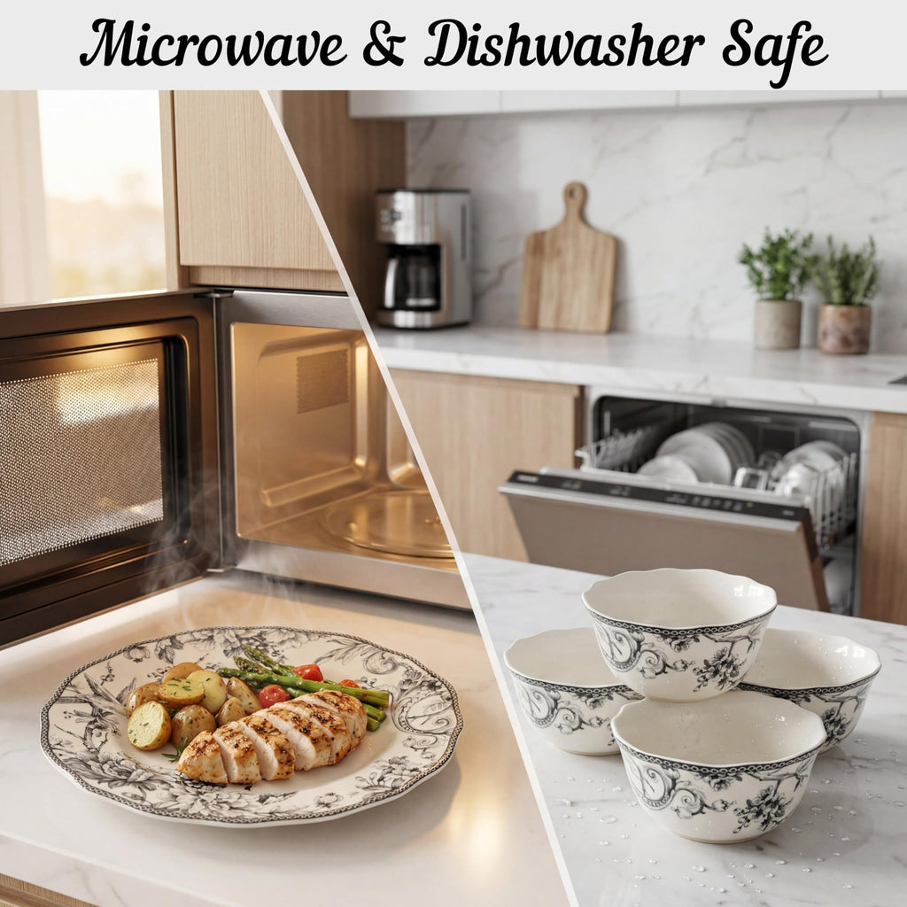 Adelaide 16-Piece Casual Grey Porcelain Dinnerware Set - Service for 4, Classic Toile Bird & Floral Design, Microwave
