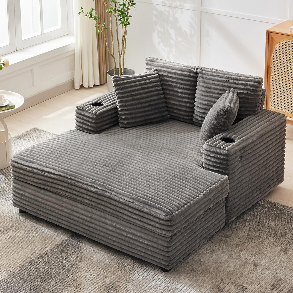 60-inch Oversized Chaise Lounge Chair Indoor, Comfy Corduroy Lounge Sofa with Charging Station, Cup Holders & Throw