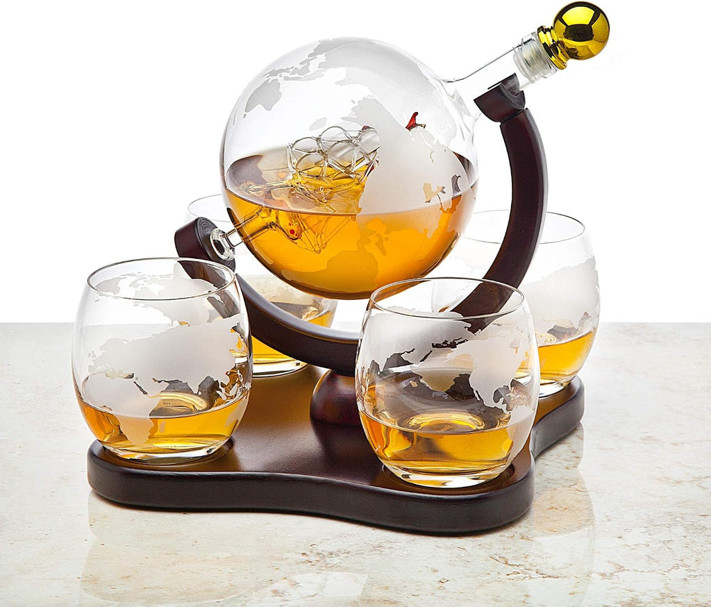 Whiskey Decanter Globe Set with 4 Etched Glasses for Liquor, Scotch, Bourbon, Vodka, Gifts for Men - 850ml Clear - Set of 5