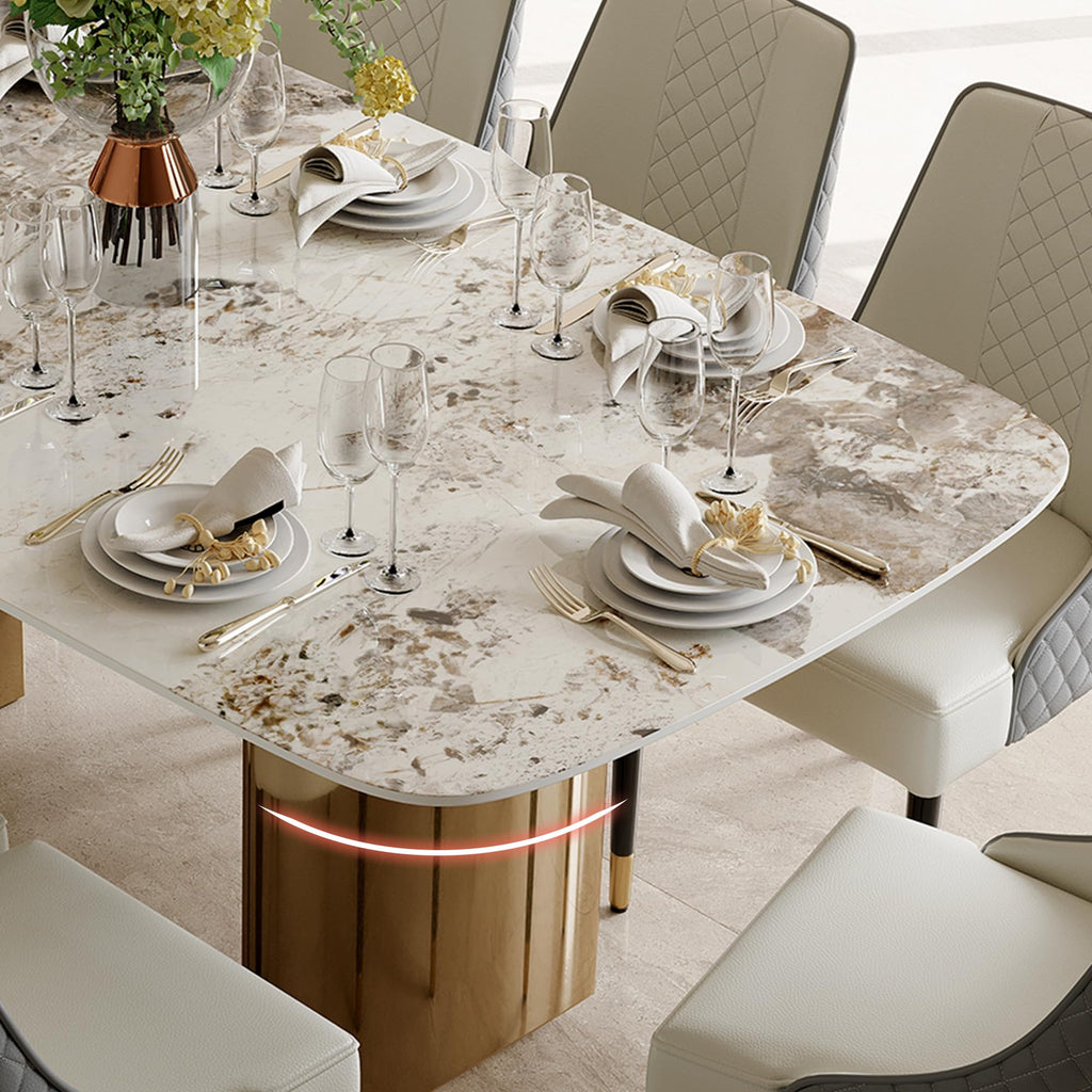 71'' Dining Table for 6-8 People, Modern Small Sintered Stone Kitchen Table with Gold Metal Legs, Luxury Rectangle