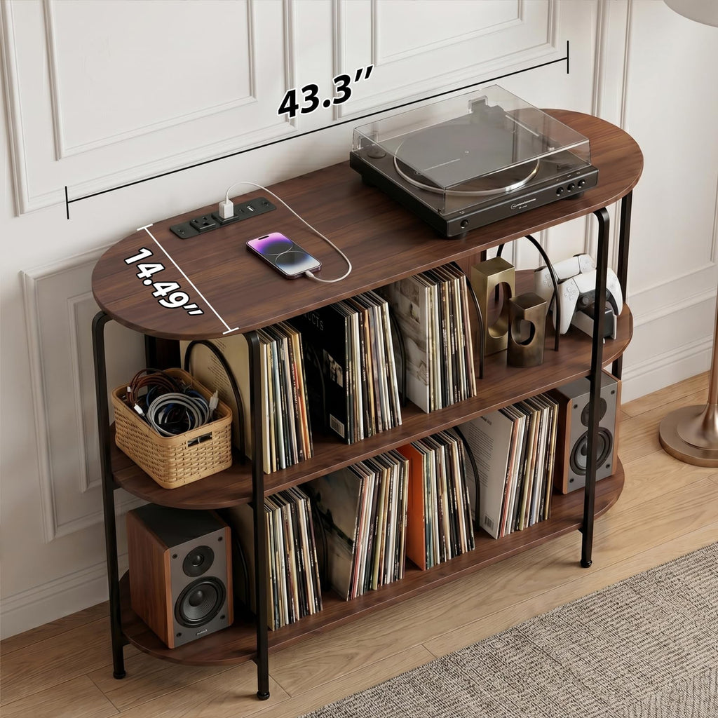 43.3" Record Player Stand with Power Outlets, 3-Tier Vinyl Record Storage Cabinet Holds Up to 400 Albums, Turntable