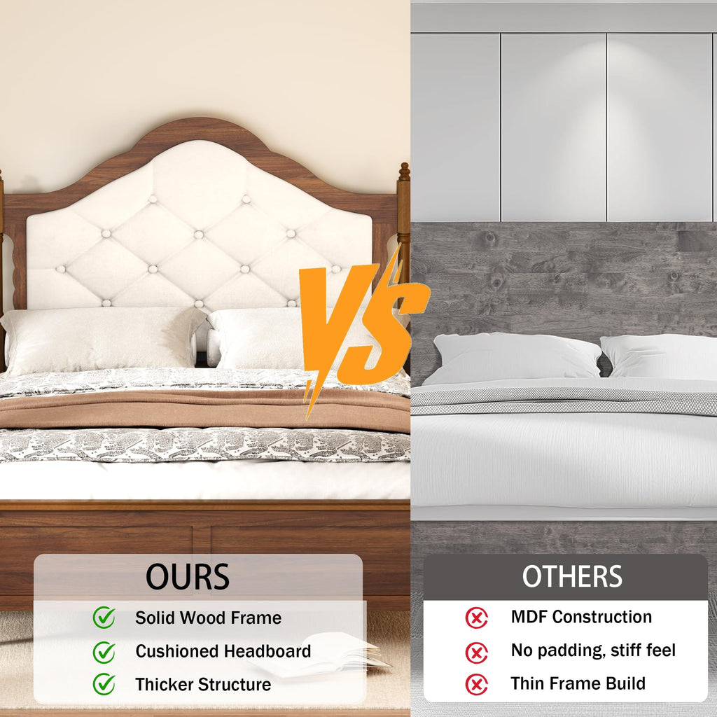 Vintage Platform Bed, Bed Frame with Upholstered Headboard