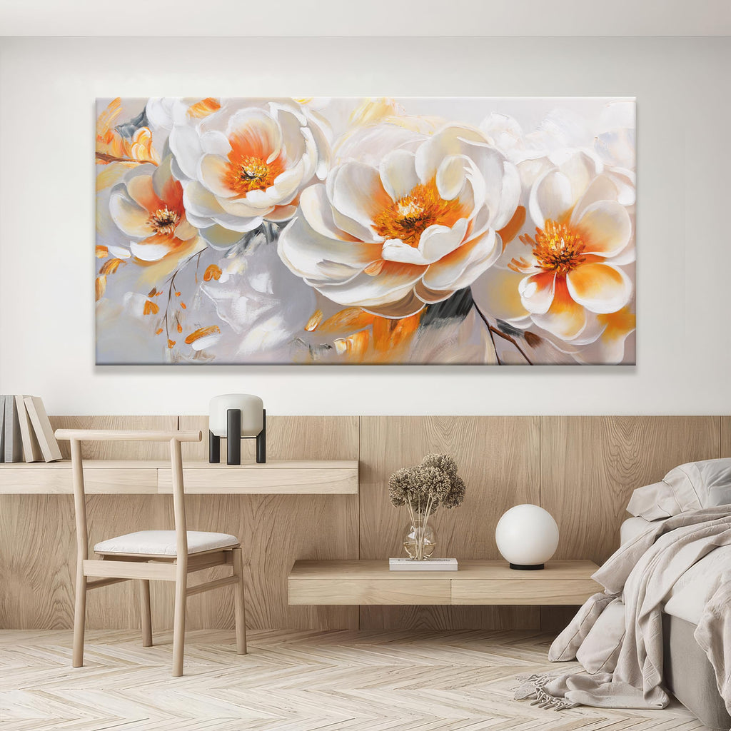 Large Wall Art Prints Modern Canvas Art Wall Decor 35" X 70" Painting Orange White Flower Wall Art Home Office Dining