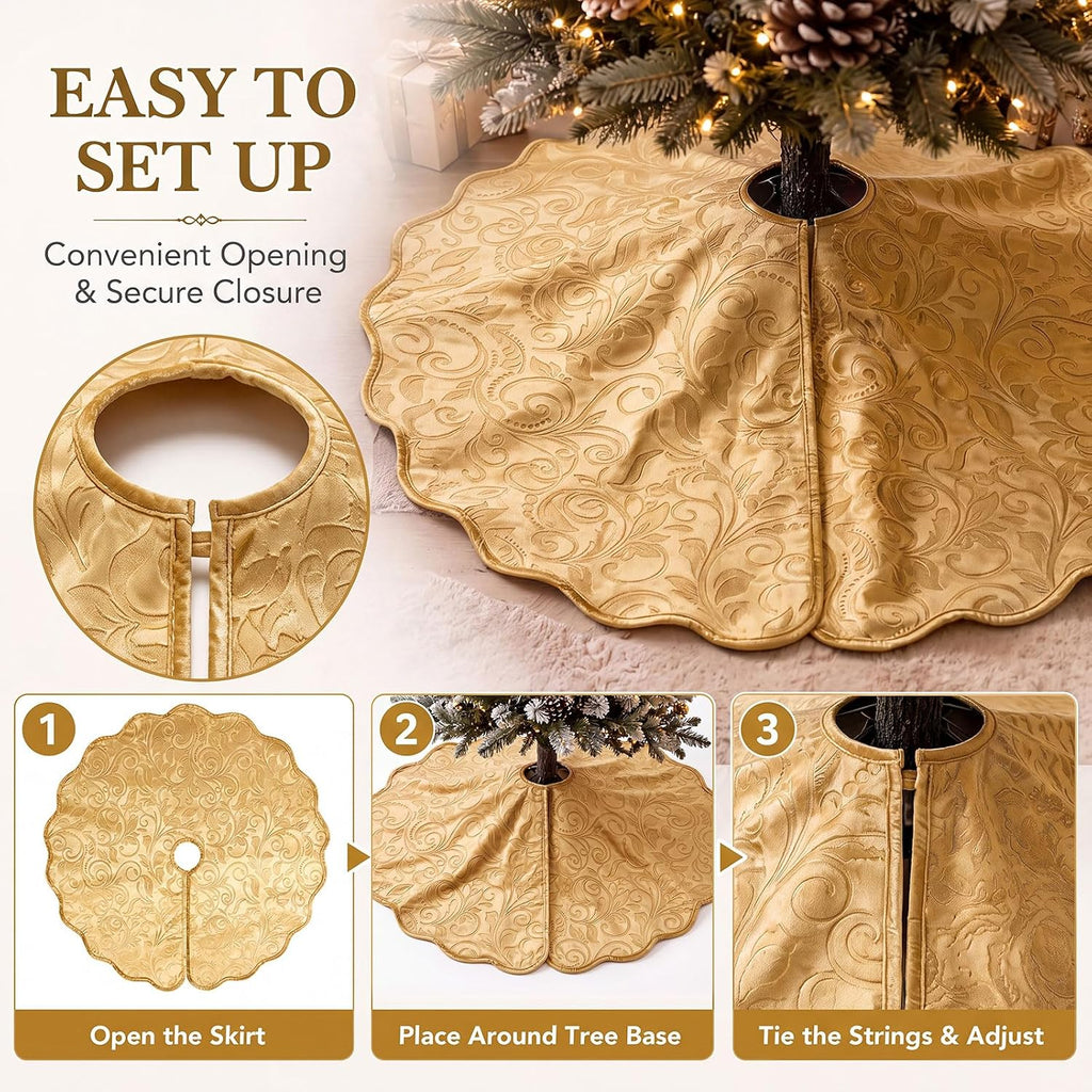 Velvet Christmas Tree Skirt Decor, 60 Inches, Scalloped Edge, Gold
