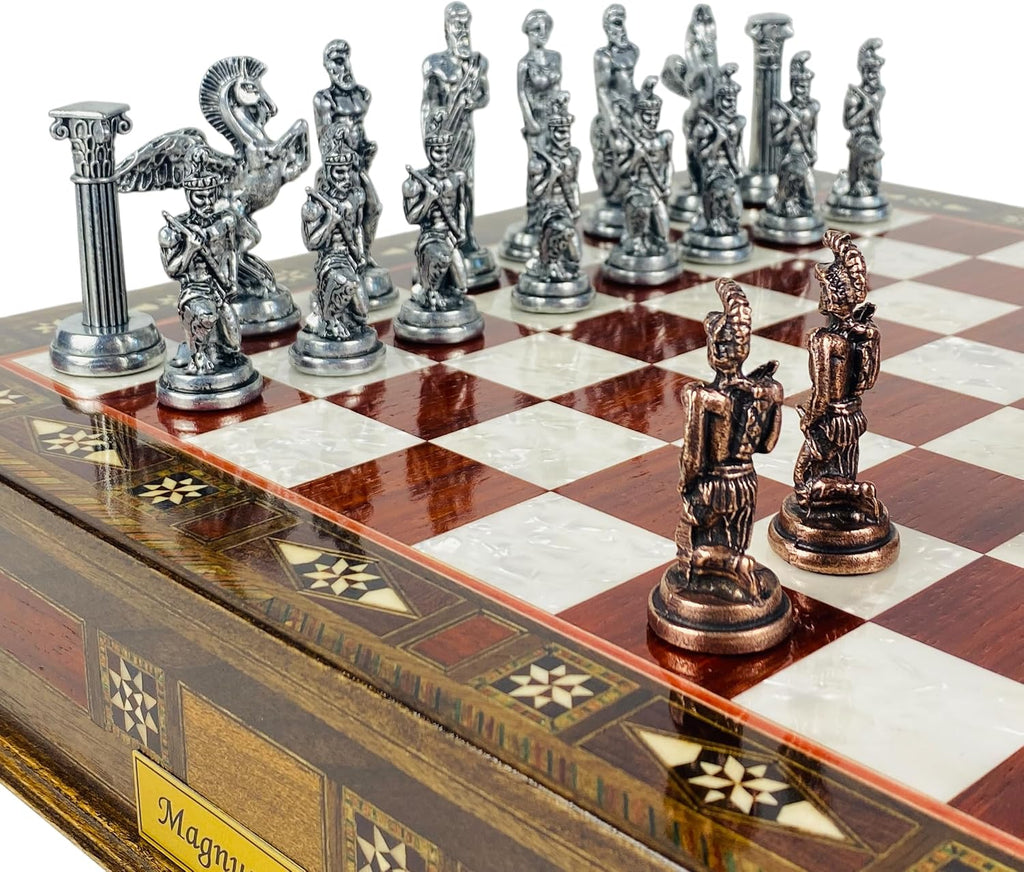 Premium Handmade Chess Set with Storage Drawer- Ancient Greek Mythology Themed Metal Chess Pieces- 15" Personalizable