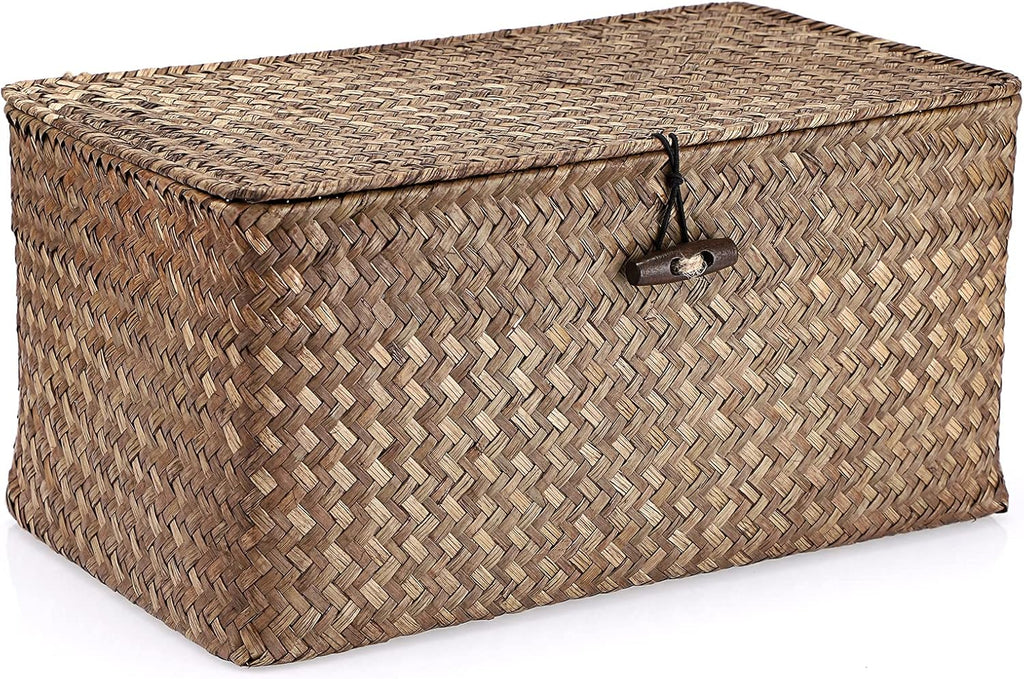Wicker Shelf Baskets Storage Bin with Lid Handwoven Seagrass Basket | Rectangular Household Basket Boxes for Shelf