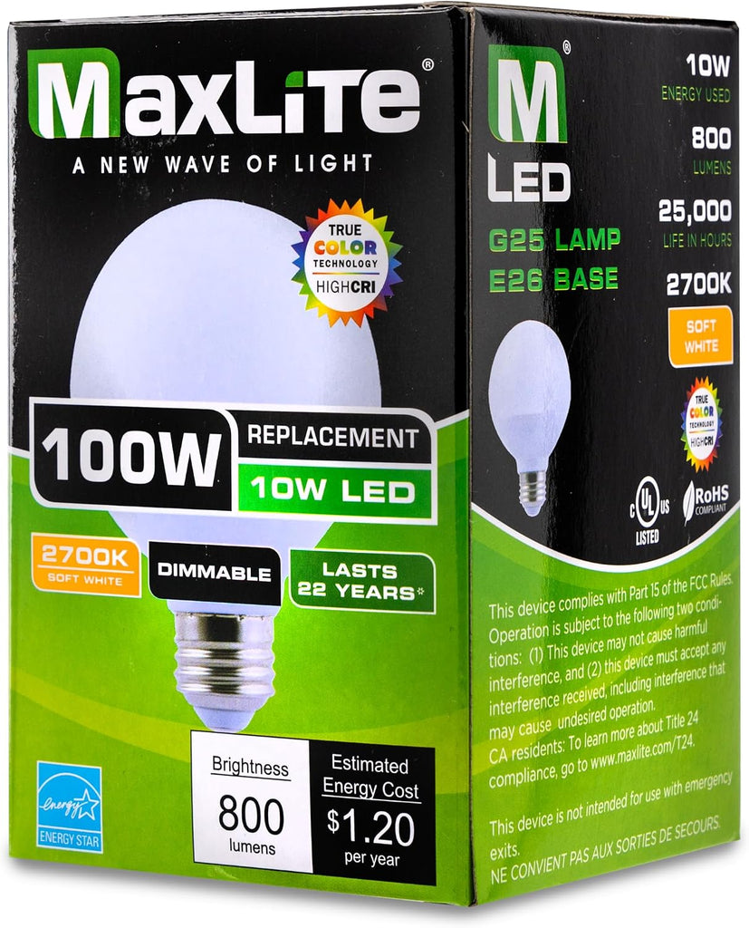 Dimmable 10W LED 2700K G25 Globe - Incandescent Light Bulbs Replacement, Soft White Light Bulbs, JA8