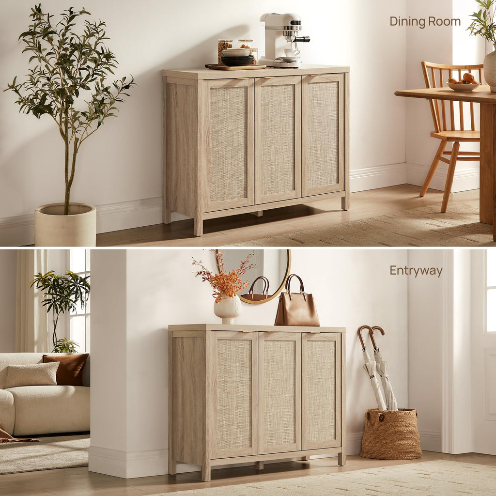 Rattan Buffet Cabinet with Storage 87" Sideboard Cabinet with 6 Doors & Adjustable Shelves Wood Sideboard Credenza
