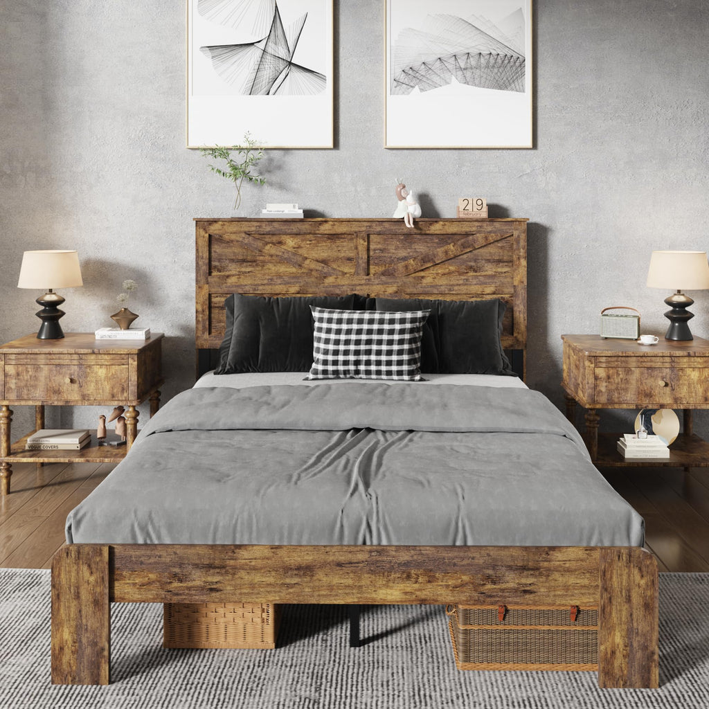 Wood Bed Frame with Farmhouse Headboard, Brown