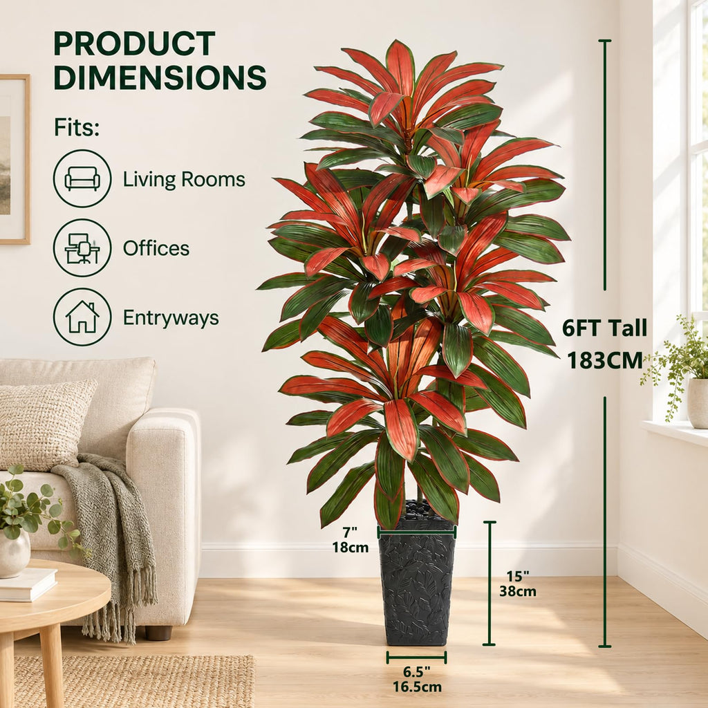 Artificial Red Dracaena Tree 6FT - Fake Tree with Black Tall Planter