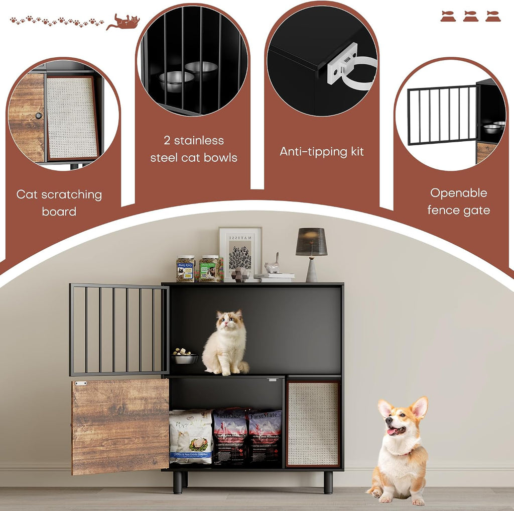 Dog Proof Cat Feeding Station, Cat Feeding Station Furniture with Storage and Cats Scratching Board, 2 Raised Pet