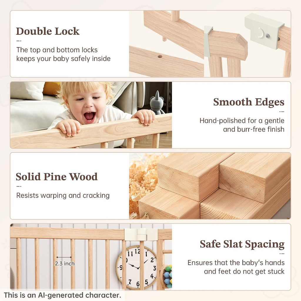 Wooden Baby Playpen, 8-Panel Foldable Play Yard with Built-in Toys | 54 x 54 x 24 in Large Adjustable Baby Fence with