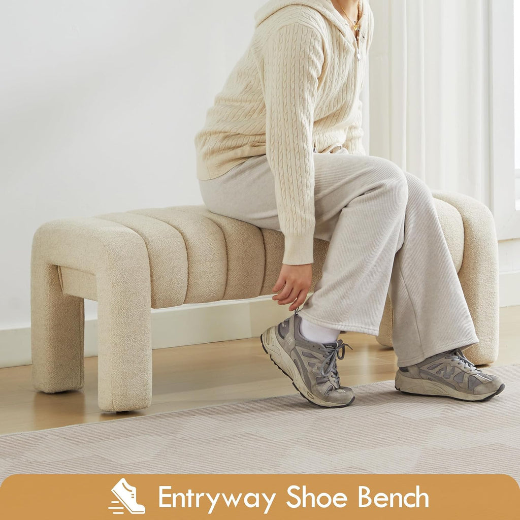 43" End of Bed Bench, Linen Beige | Channel Tufted Upholstered, Entryway Bench, Modern Window Seat, Minimalist