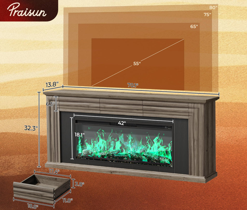 70'' Fireplace TV Stand with 42'' Electric Fireplace, Farmhouse TV Stand for 65 75 Inch TV, Entertainment Center TV