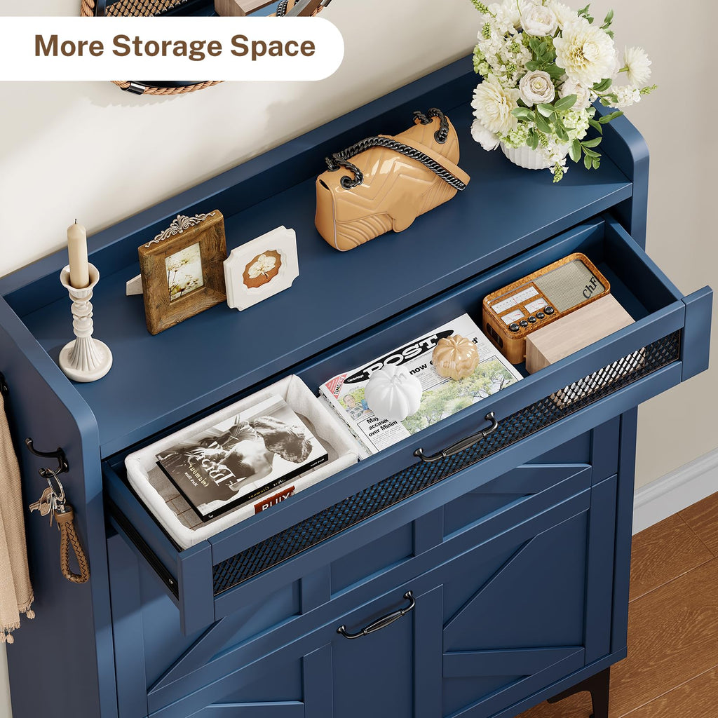 Shoe Cabinet with 2 Flip Drawers & Top Drawer, Farmhouse Narrow Shoe Storage Cabinet with Adjustable Shelves & Hooks