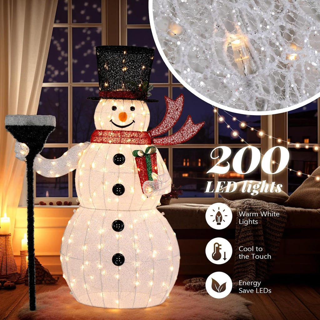 5FT Outdoor Snowman Christmas Decorations, Lighted Outdoor Snowman w/200 LED Lights, Tall Hat, Red Scarf, Ground