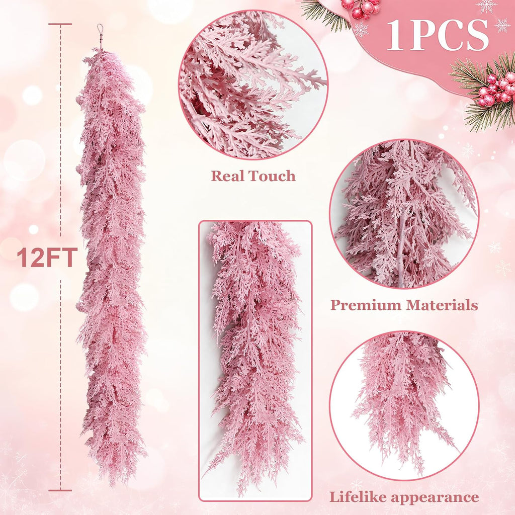 12FT Pink Christmas Cedar Garland, Realistic Artificial Garland, Soft Pastel Xmas Decorations Indoor Outdoor, Faux