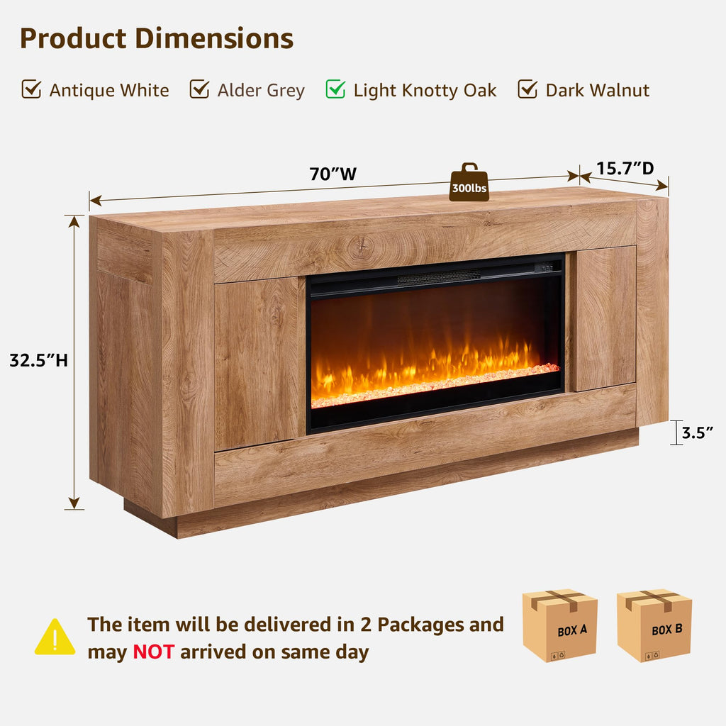 70" Fireplace TV Stand for 80" TV, Thick Block Media Console, Light Oak