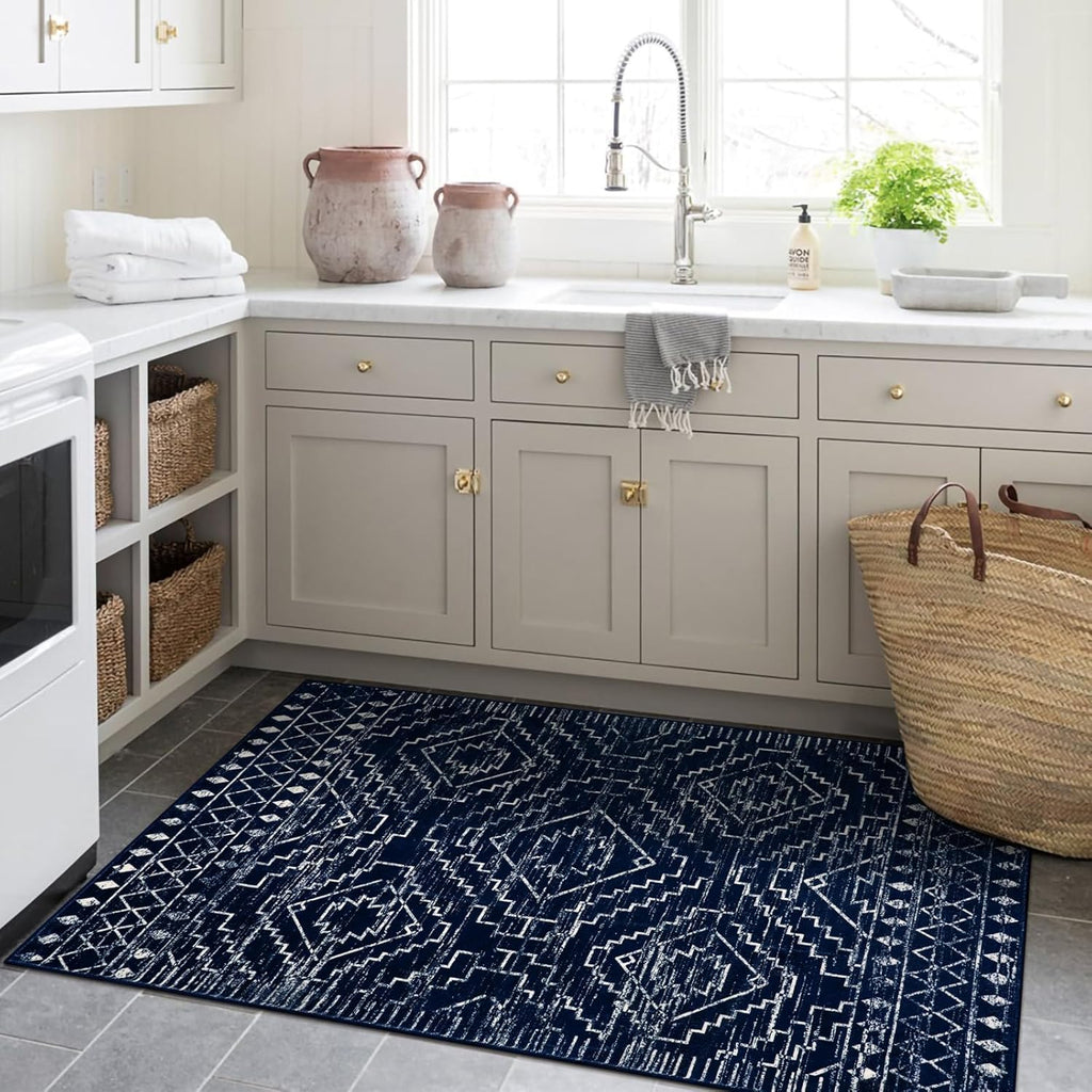 Moroccan Washable Rug 3x5, Blue Non-Slip Entryway Area Rug, Soft Farmhouse Bedroom Throw Mat, Geometric Low Pile