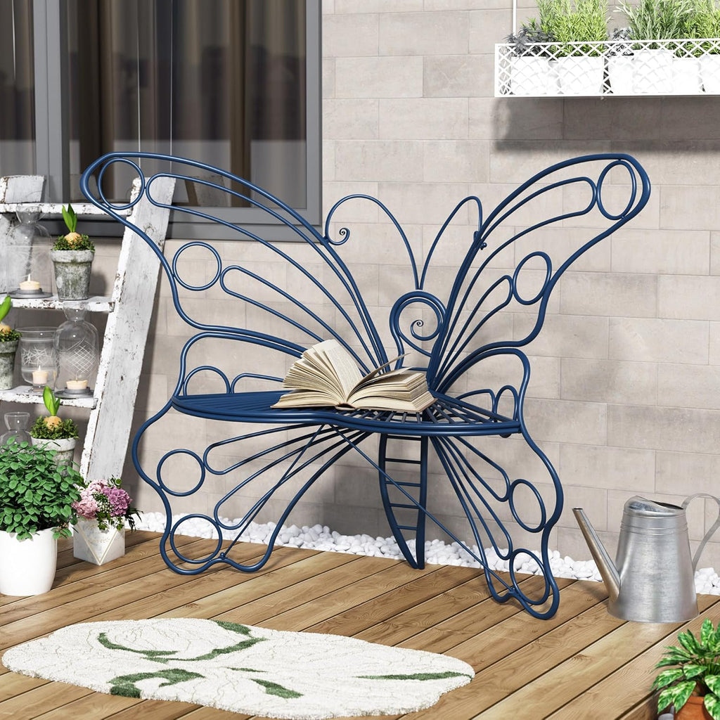 50 Inches Outdoor Bench, Garden Bench with Sturdy Iron Metal Frame, Pretty Butterfly Bench Front Porch Bench for