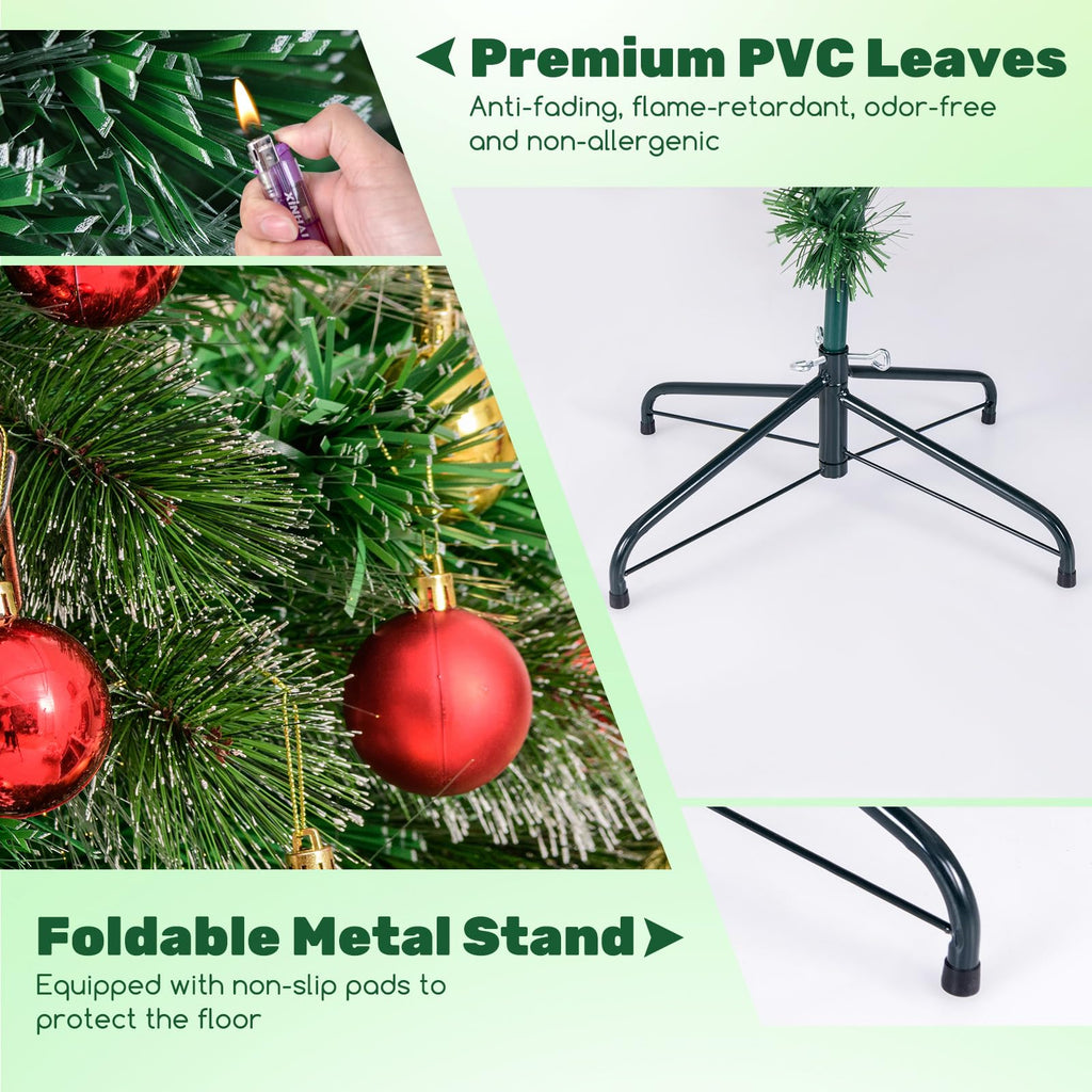 6 FT Pre-lit Fiber Optic Christmas Tree, Artificial Xmas Tree with 220 Branch Tips, 30 Retro Kerosene Lamps, Treetop
