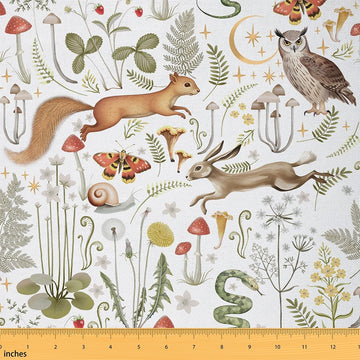 Cute Animals Fabric by The Yard Watercolor Mushroom Wild Moth Sewing Fabrics Cartoon Rabbit Snake Squirrel Jungle