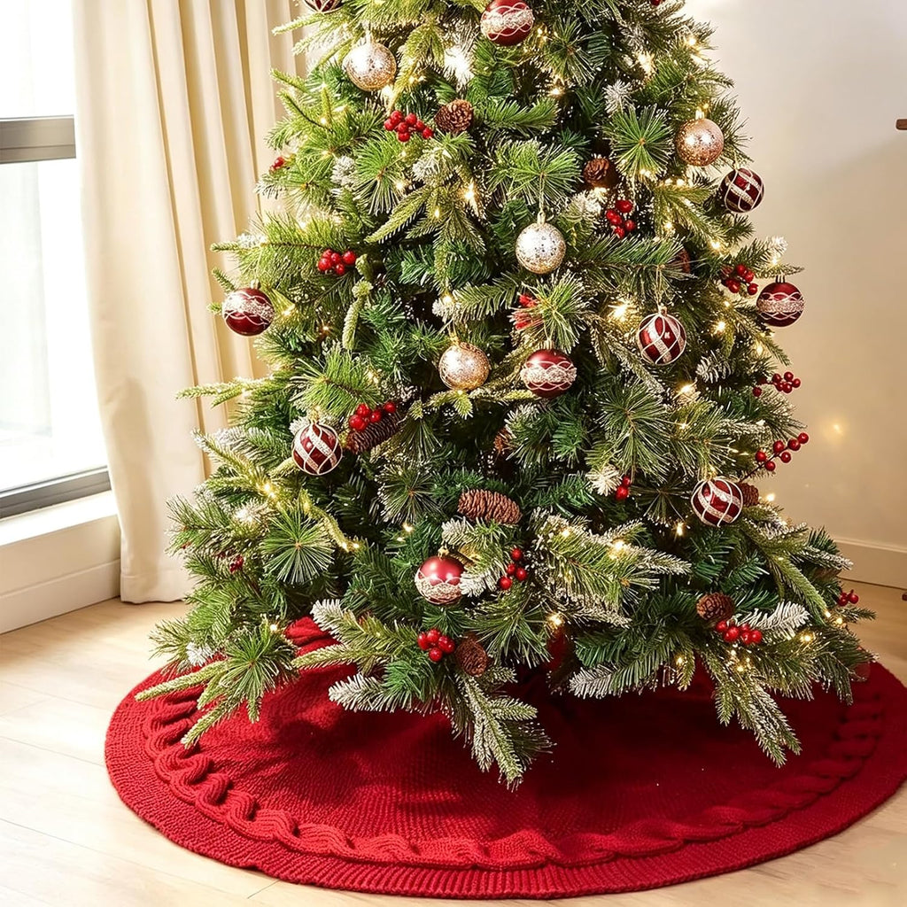 48 Inch Knitted Christmas Tree Skirt, Maroon Burgundy Red Versatile Holiday Decoration for Living Rooms, Weddings