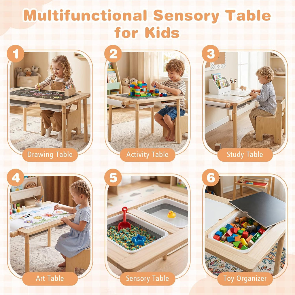 Sensory Table and Chair Set, Wooden Sand & Water Activity Set w/Adjustable Height, Dual Sided Top, 2 Bins, Paper Roll