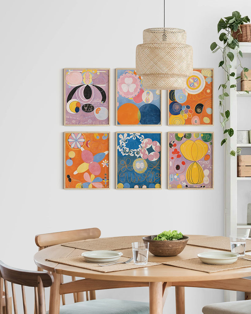 Abstract Wall Art with Frame - Set of 6 Colorful Abstract Prints, Geometric Art Set, Hilma af Klint Gallery Wall