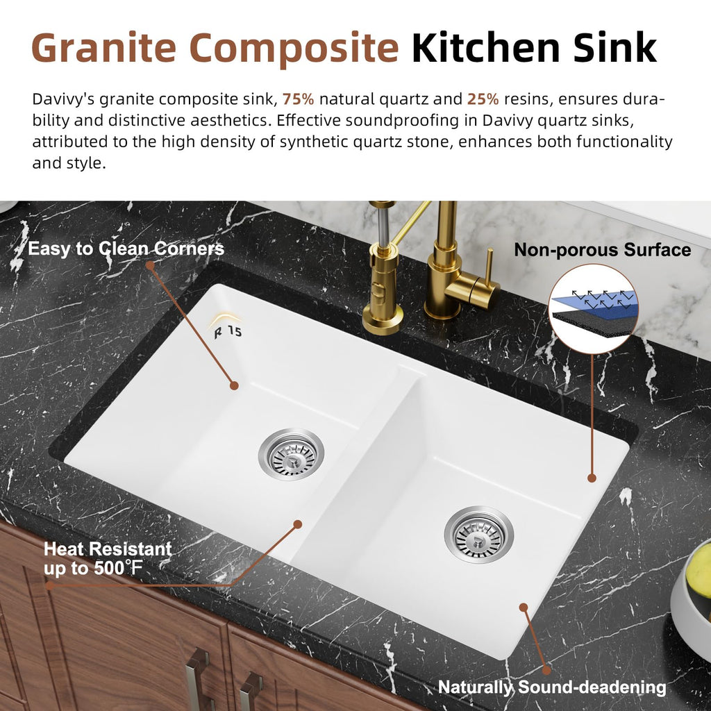 30 Inch White Double Bowl Undermount Kitchen Sink 50/50, 30 x 18 White Granite Composite Kitchen Sink, Deep Quartz