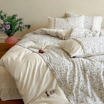 Floral Duvet Cover with 2 Pillowcases, 80"×90", Cotton Linen