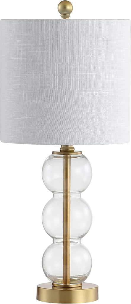21" Clear/Brass Gold Glass Table Lamp and Living Room, White Linen Shade, Modern Stacked Sphere Bedside Lamp