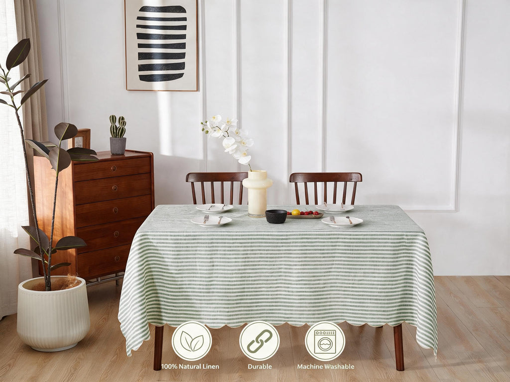 100% Yarn-Dyed Linen Stripe Tablecloths Scalloped Embroidery Rectangle 108Lx60W Inch for Dinners, Parties, Spring