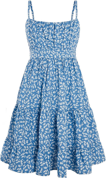 Girl's Floral Sleeveless Ruched Ruffle Hem A Line Cami Short Dress