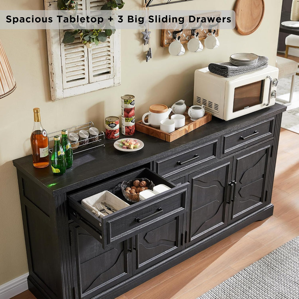 66" Farmhouse Buffet Cabinet with Storage, Sideboard Credenza, Carved Cloud-Inspired Doors, 3 Drawers & Adjustable