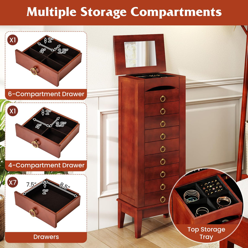 Standing Jewelry Cabinet with 9 Drawers, Flip Top Mirror, Cherry
