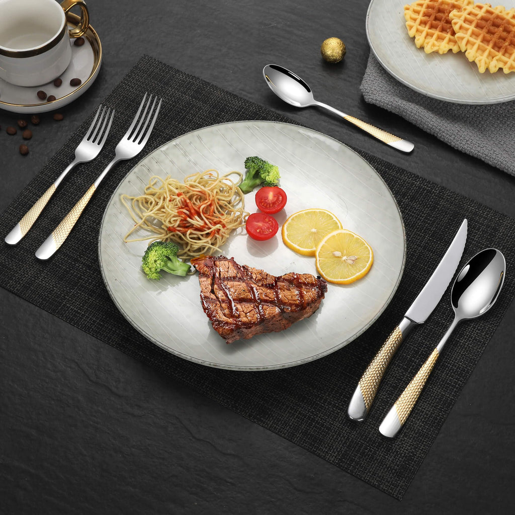 20-Piece Hammered Silver Gold Silverware Set for 4,18/10 Stainless Steel Flatware Set with Serrated Forged