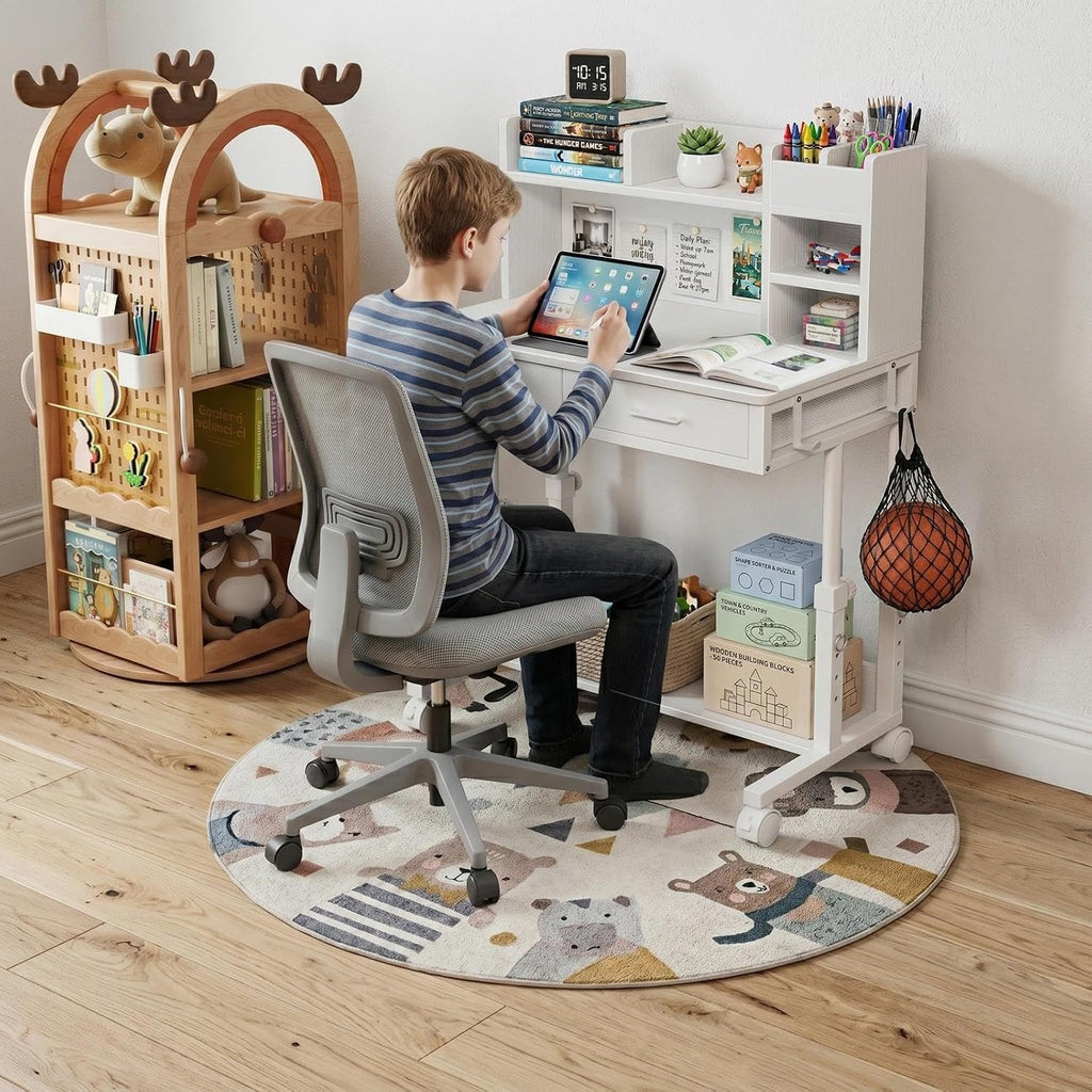 White Kids Desk with Hutch, Height Adjustable 32" Small Study Table