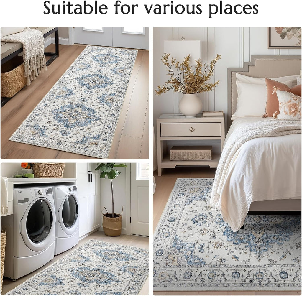 Vintage Floral Medallion Hallway Area Rug, Classic Blue