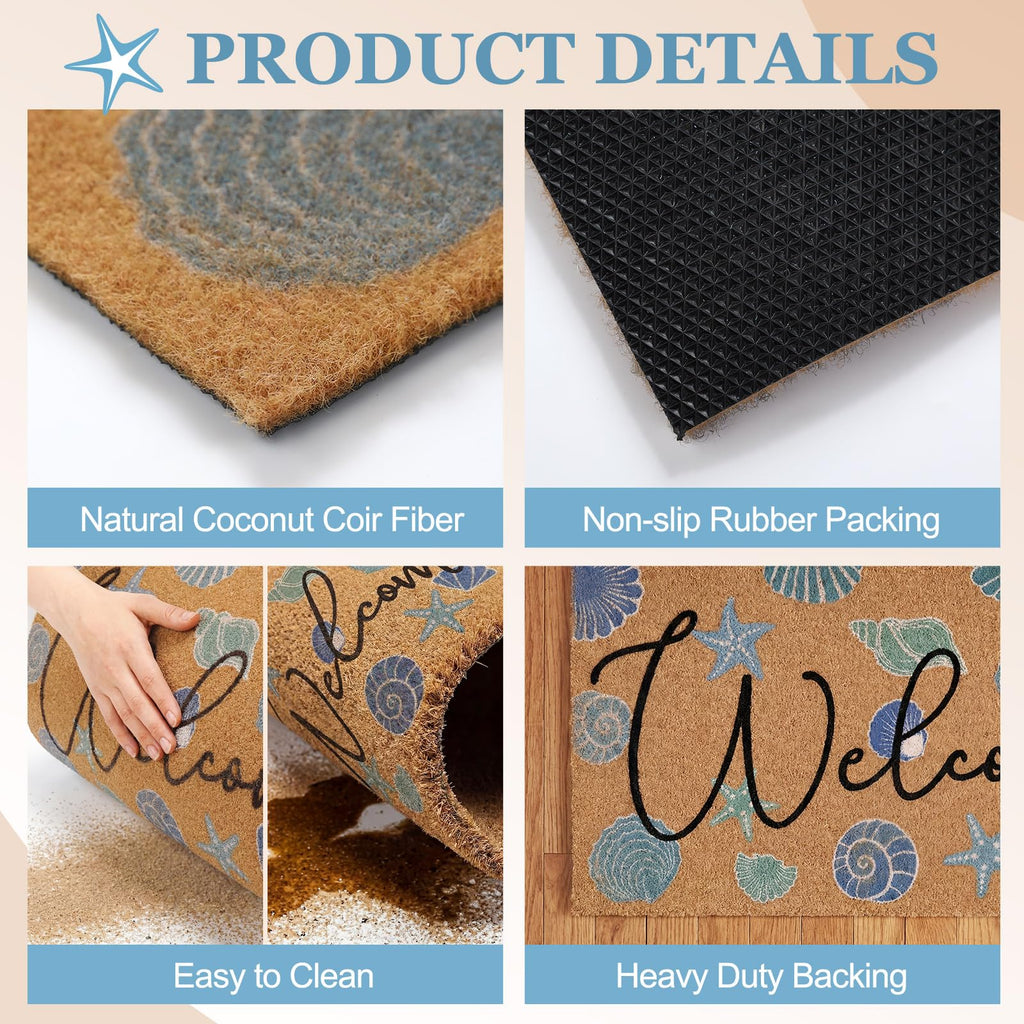 Coastal Seashell Welcome Coir Door Mat Outdoor Non-slip, 17" x 30"