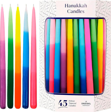 Dripless Deluxe Tapered Hanukkah Candles, Multicolored 3-Tone Pastel Decorations, 45 Candles for All 8 Nights - Set of 45