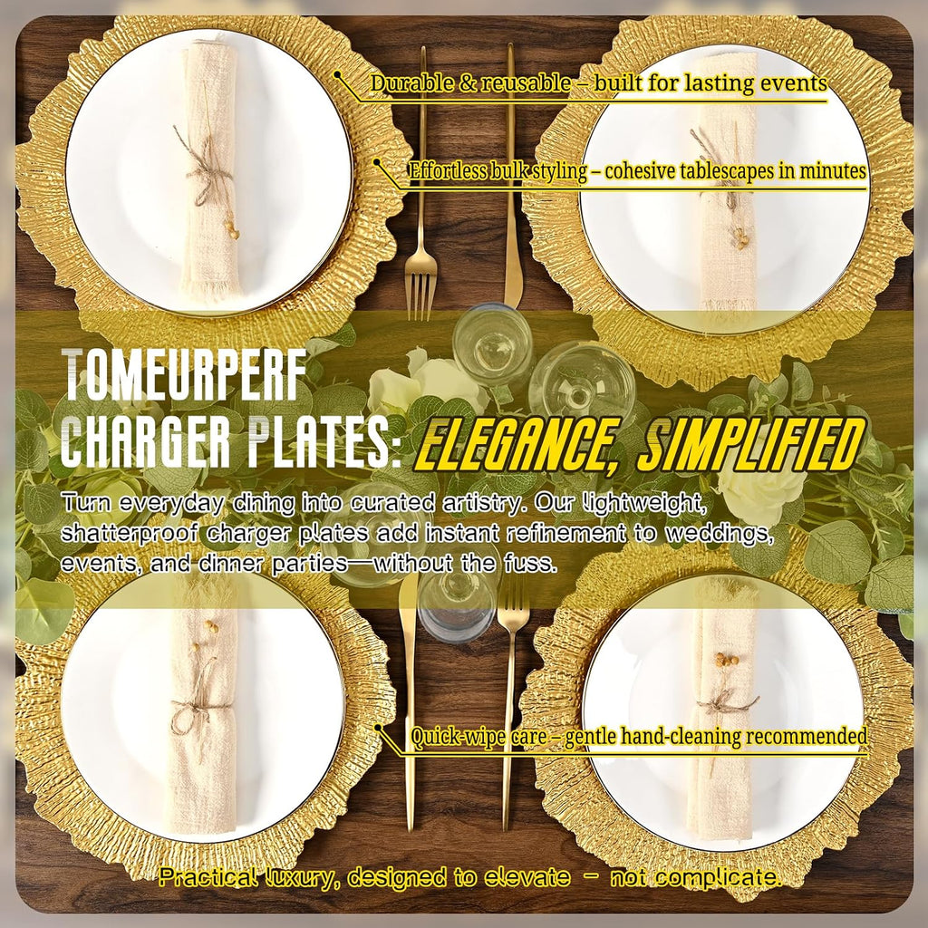 Gold Charger Plates Bulk - 13" Elegant Gold Chargers for Dinner Plates, Wedding & Event Decorative Charger - Set of 10