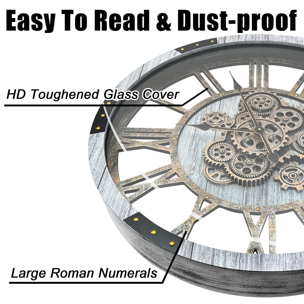 24" Large Wall Clock with Moving Gears, Oversize Vintage Industrial Rustic Farmhouse Clocks Decor Office Home, Solid
