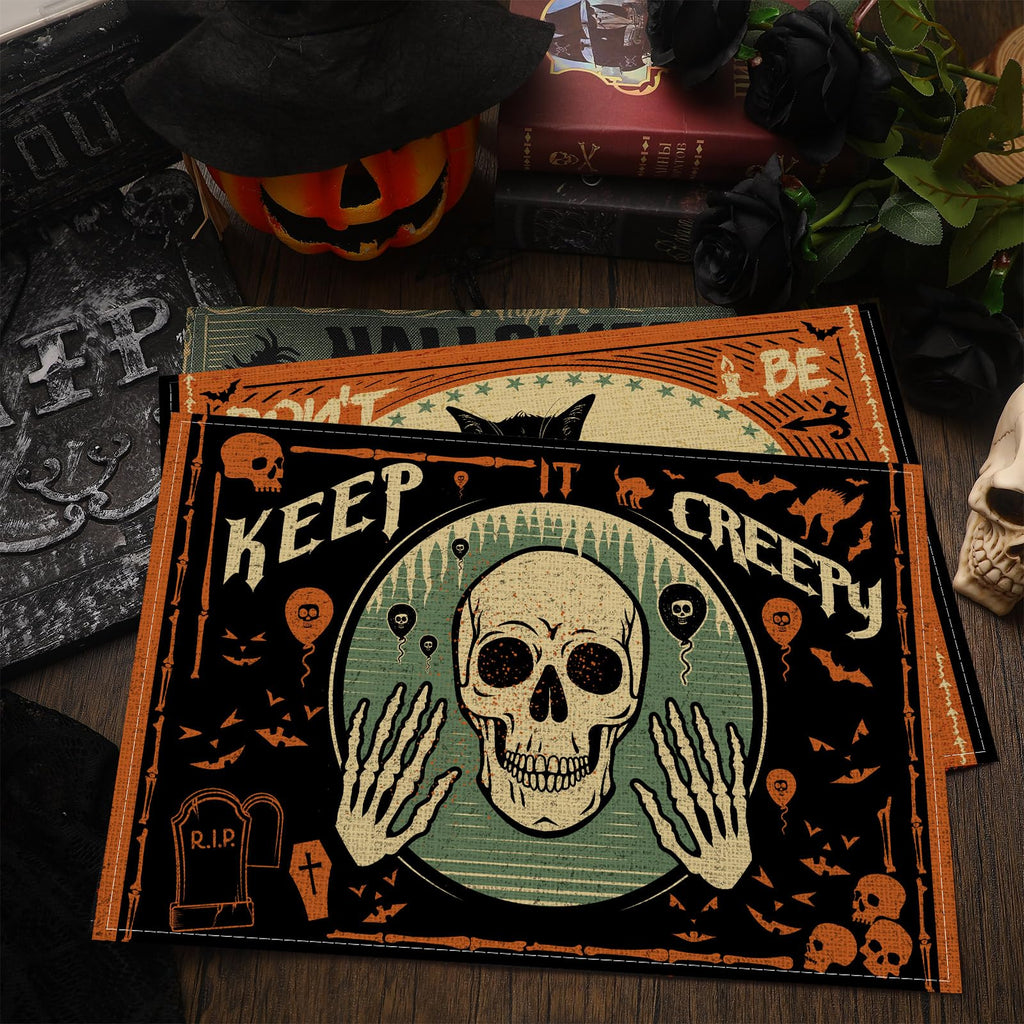 6 Pcs Halloween Placemats 12"x18" Gothic Bat Placemats Kitchen Decoration Washable Witch Place Mats Rectangle Skull