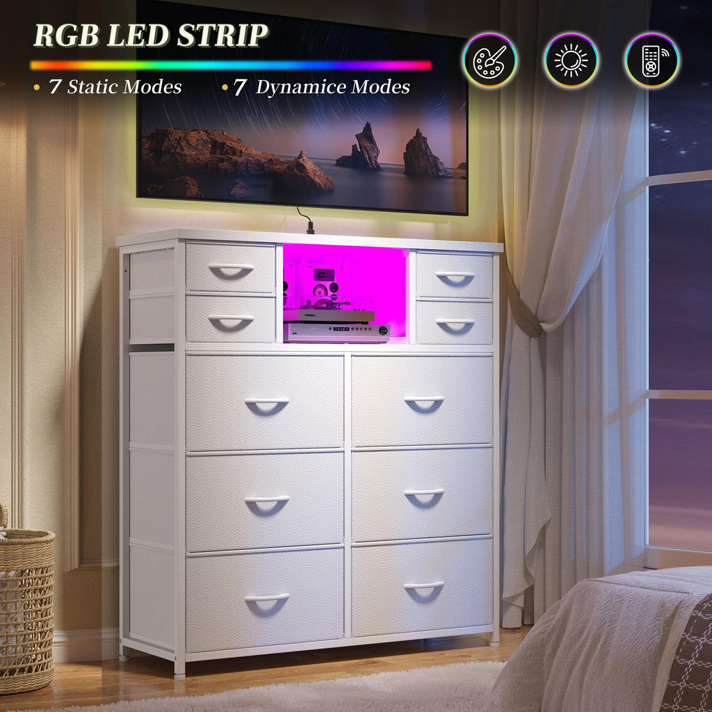 White Dresser with Charging Station & LED, 10 Drawers