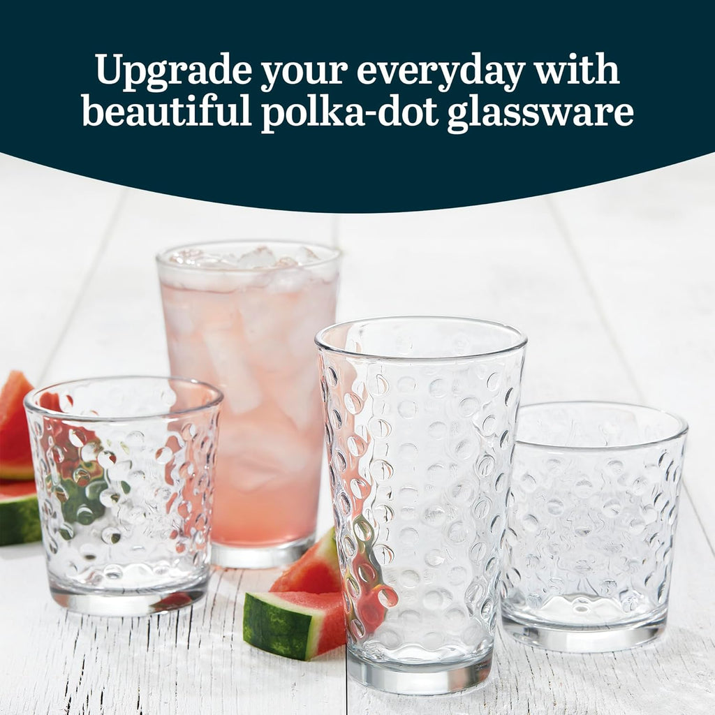 Awa Tumbler and Rock Glasses Drinking Set, Elegant Polka Dot Drinking Glasses Set of 16, All Purpose Glass Cups Set